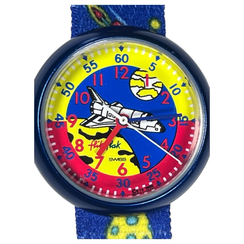 1990s Flik Flak Blue Kids Swiss Spacecraft Planets Rockets Spaceship Watch